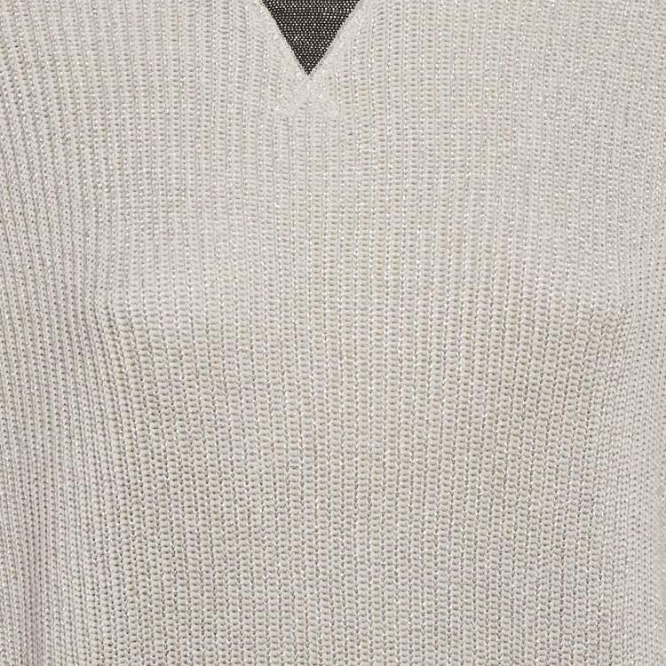 Pre Owned Brunello Cucinelli Grey Lurex Rib Knit Monili Detail Sweater L