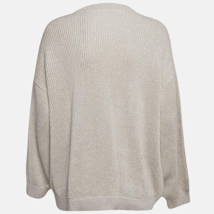Pre Owned Brunello Cucinelli Grey Lurex Rib Knit Monili Detail Sweater L