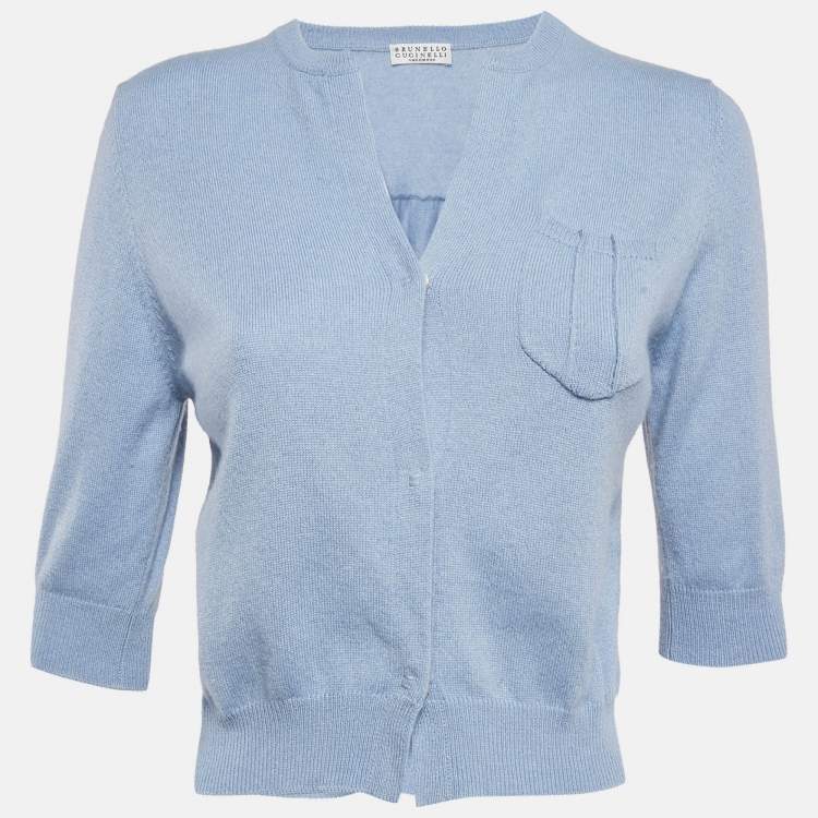 مملوكة مسبقًا Brunello Cucinelli Blue Cashmere Knit Crop Cardigan L
