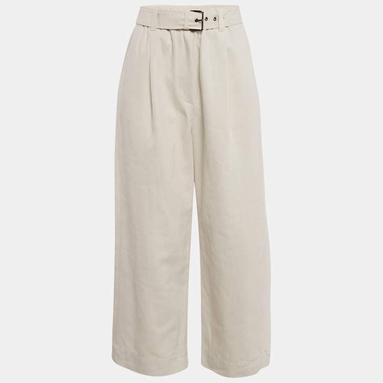 Pre Owned Brunello Cucinelli Off-White Cotton Blend Belted Wide-Leg Trousers S