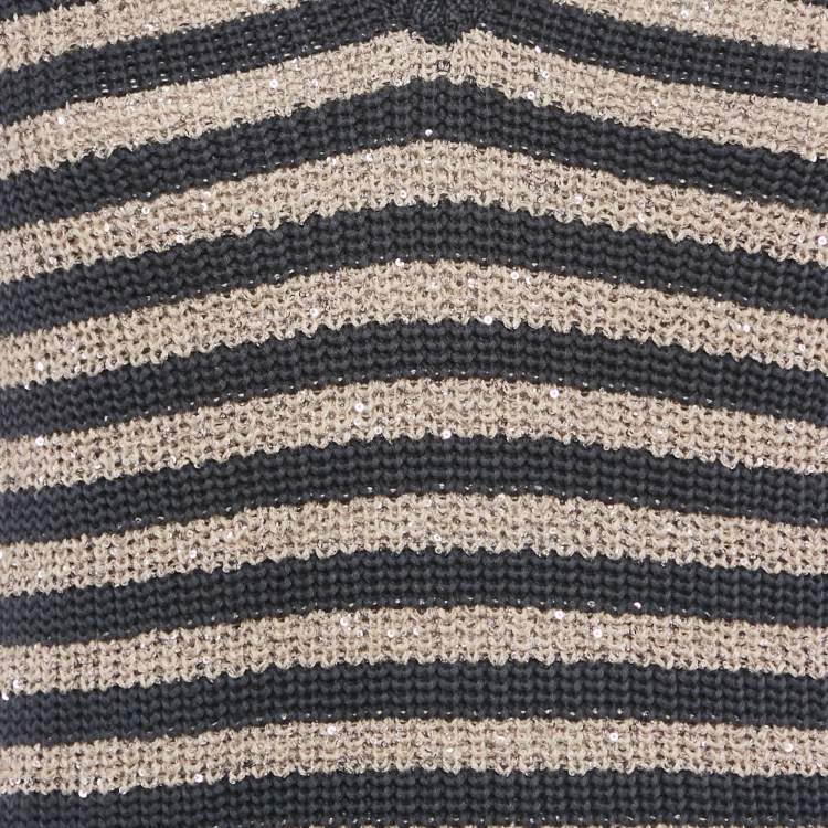 Pre Owned Brunello Cucinelli Beige/Blue Striped Cotton Knit Sequin Detail Sleeveless Sweater M