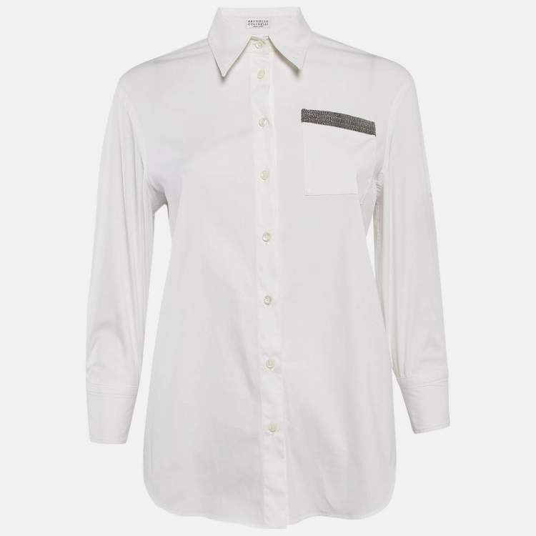 Pre Owned Brunello Cucinelli White Cotton Blend Monili Bead Detail Shirt M