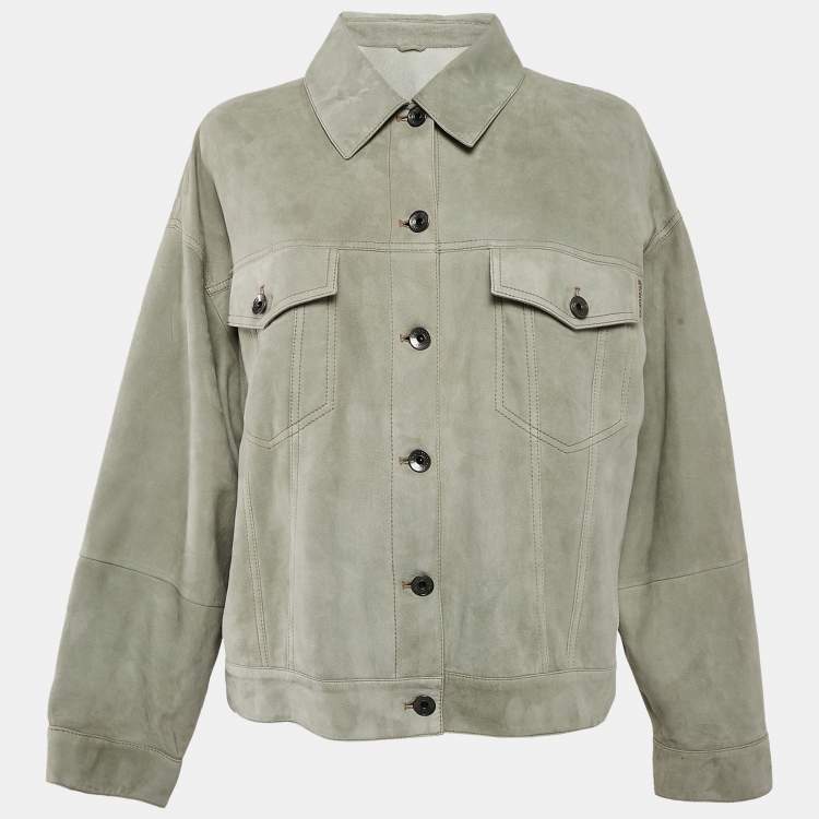 Pre Owned Brunello Cucinelli Light Green Single Breasted Suede Jacket L