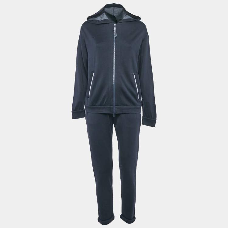 Pre Owned Brunello Cucinelli Navy Blue Cotton Blend Knit Jacket and Joggers Set M