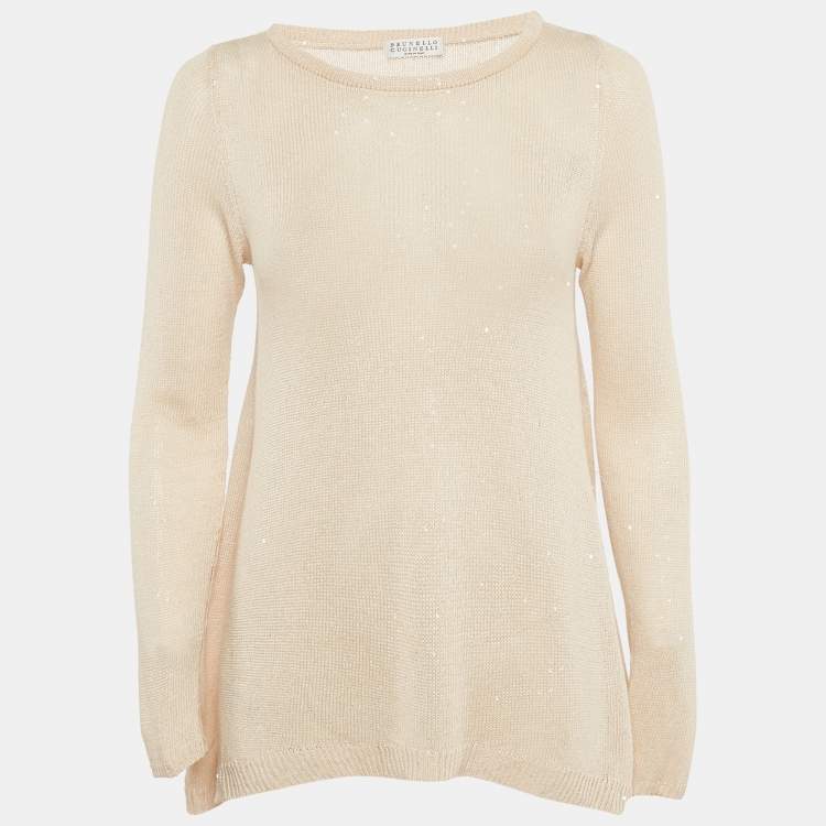 Pre Owned Brunello Cucinelli Beige Sequin Detail Linen and Silk Knit Top XS