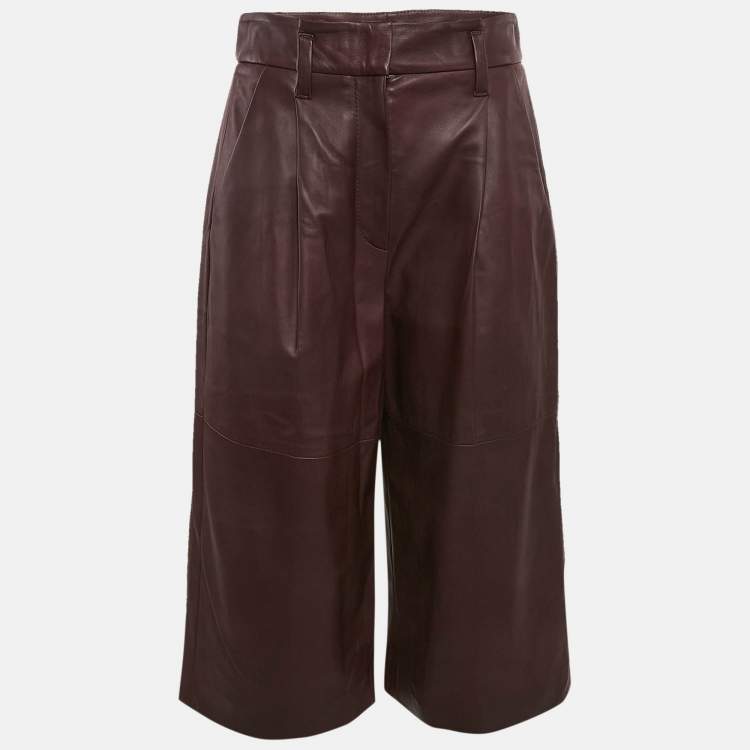 Pre Owned Brunello Cucinelli Burgundy Leather Wide Leg Capri Pants M