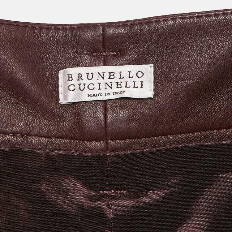 Pre Owned Brunello Cucinelli Burgundy Leather Wide Leg Capri Pants M