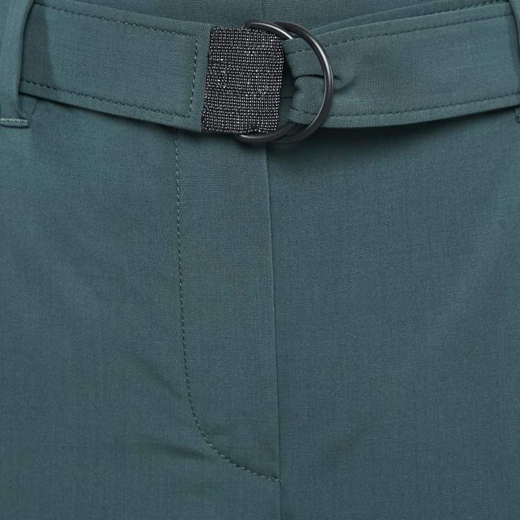 Pre Owned Brunello Cucinelli Green Wool Monili Detail Belted Trousers M