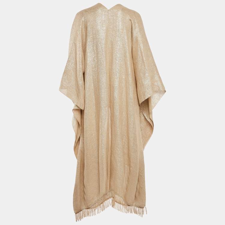 Pre Owned Brunello Cucinelli Gold Lurex Knit Fringed Long Cape One Size 