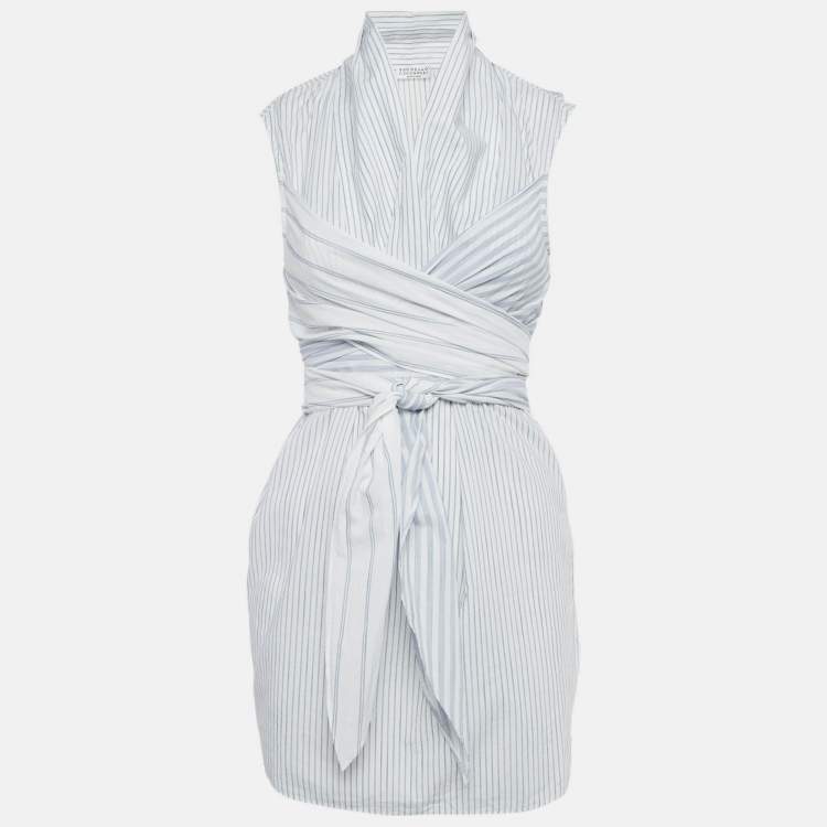 Pre Owned Brunello Cucinelli Blue Striped Cotton Tie-Up Detail Mini Dress M