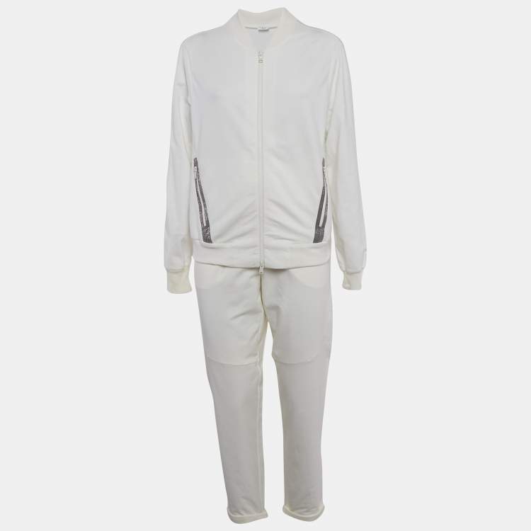 Pre Owned Brunello Cucinelli White Cotton Knit Monili Bead Detail Jacket and Joggers Set L