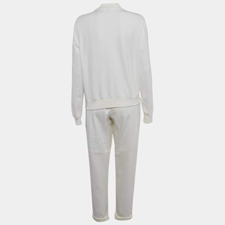 Pre Owned Brunello Cucinelli White Cotton Knit Monili Bead Detail Jacket and Joggers Set L