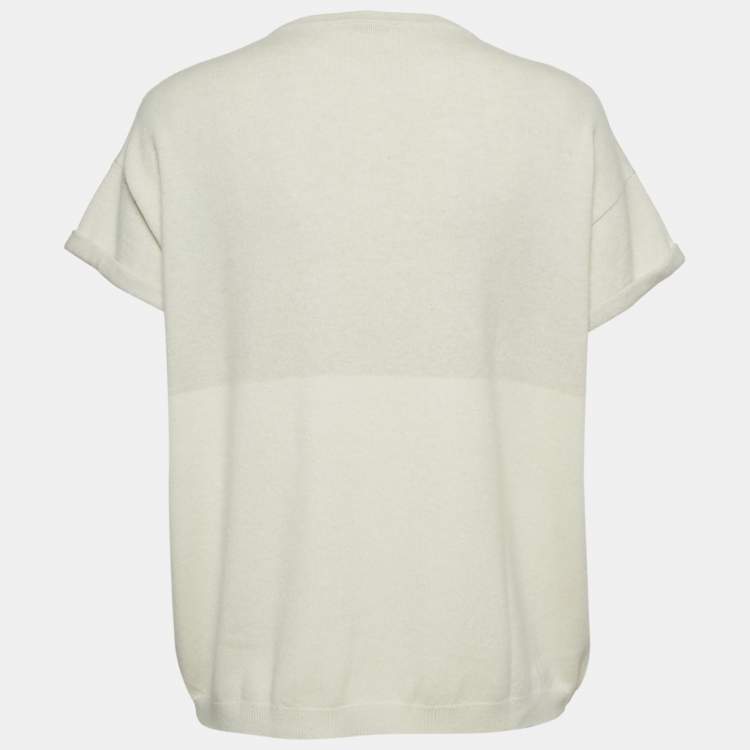 Pre Owned Brunello Cucinelli Cream Cashmere Monilli Bead Detail Crew Neck Top S