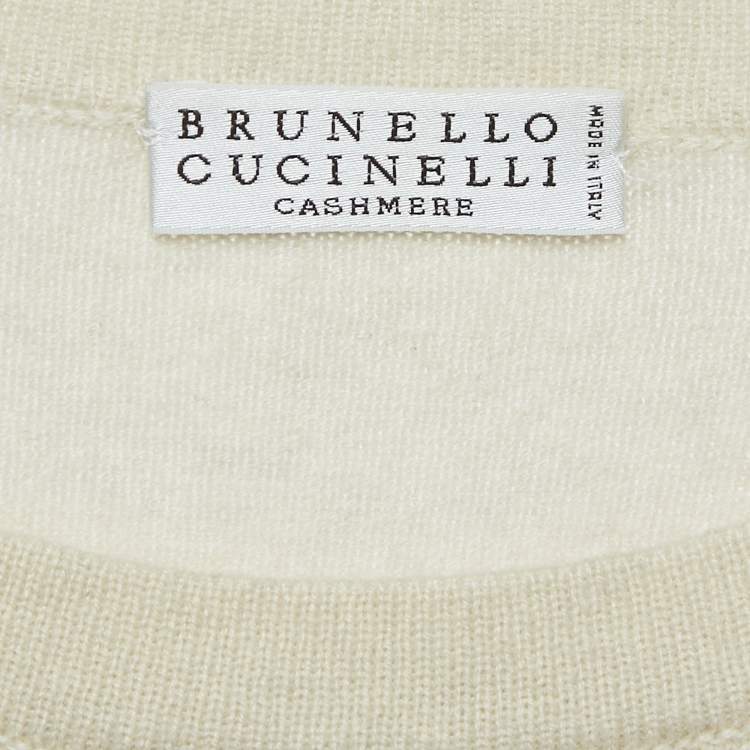 Pre Owned Brunello Cucinelli Cream Cashmere Monilli Bead Detail Crew Neck Top S