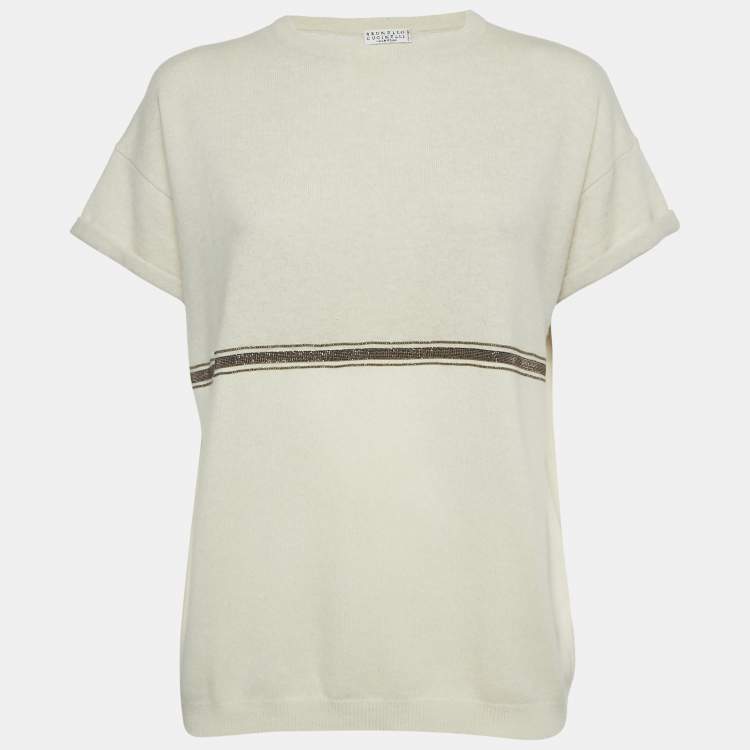 Pre Owned Brunello Cucinelli Cream Cashmere Monilli Bead Detail Crew Neck Top S