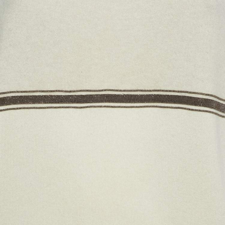 Pre Owned Brunello Cucinelli Cream Cashmere Monilli Bead Detail Crew Neck Top S