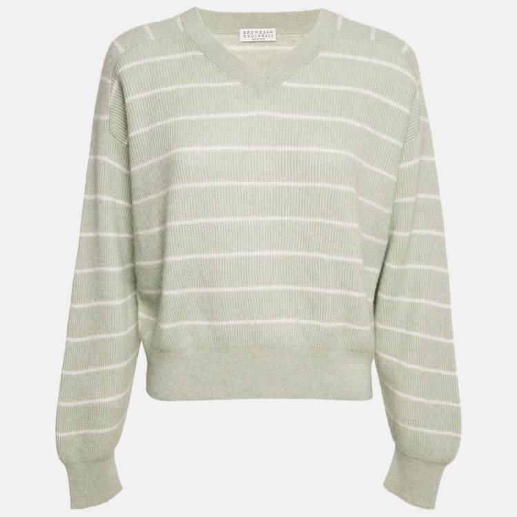 Pre Owned Brunello Cucinelli Pastel Green Striped Cashmere Sweater M