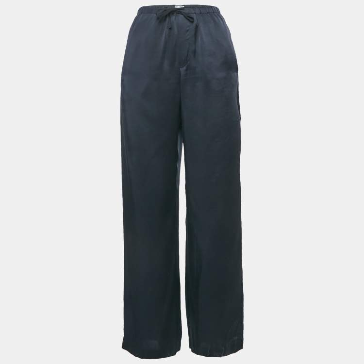 مملوكة مسبقًا Brunello Cucinelli Navy Blue Monili Detail Satin Wide-Leg Trousers M