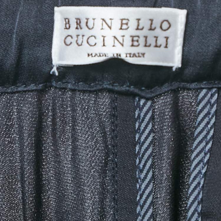 مملوكة مسبقًا Brunello Cucinelli Navy Blue Monili Detail Satin Wide-Leg Trousers M