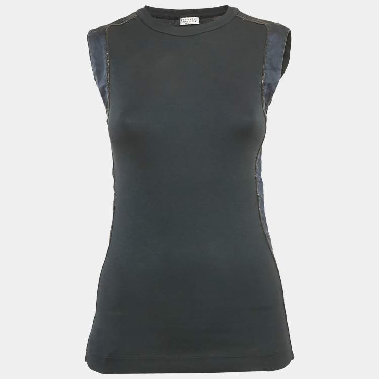 Pre Owned Brunello Cucinelli Blue Rib Knit Monili Detail Sleeveless Top S