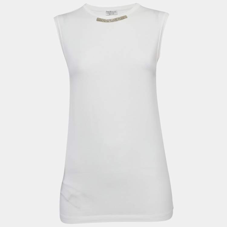 Pre Owned Brunello Cucinelli White Monili Detail Jersey Sleeveless T-Shirt M