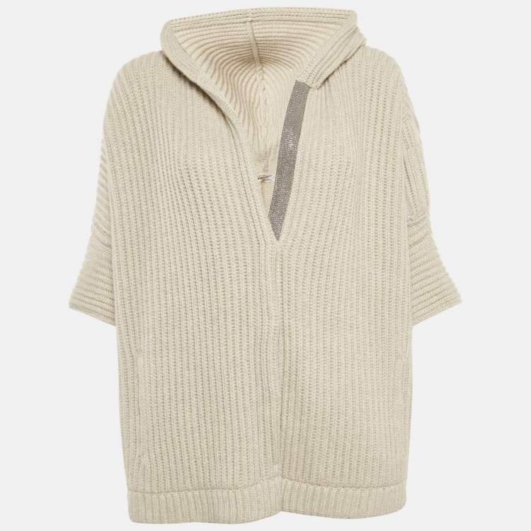 Pre Owned Brunello Cucinelli Grey Cashmere Rib Monile Hooded Cardigan S