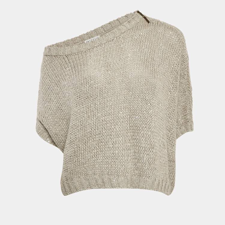 مملوكة مسبقًا Brunello Cucinelli Grey Sequin Rib Knit Short Sleeve Sweater L