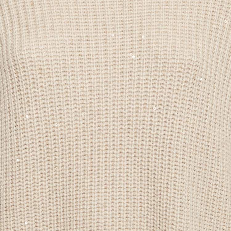 Pre Owned Brunello Cucinelli Beige Sequin Rib Knit Turtle Neck Sweater L