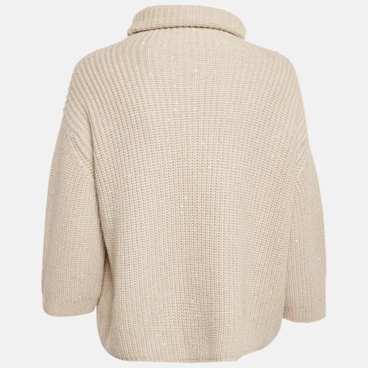 Pre Owned Brunello Cucinelli Beige Sequin Rib Knit Turtle Neck Sweater L