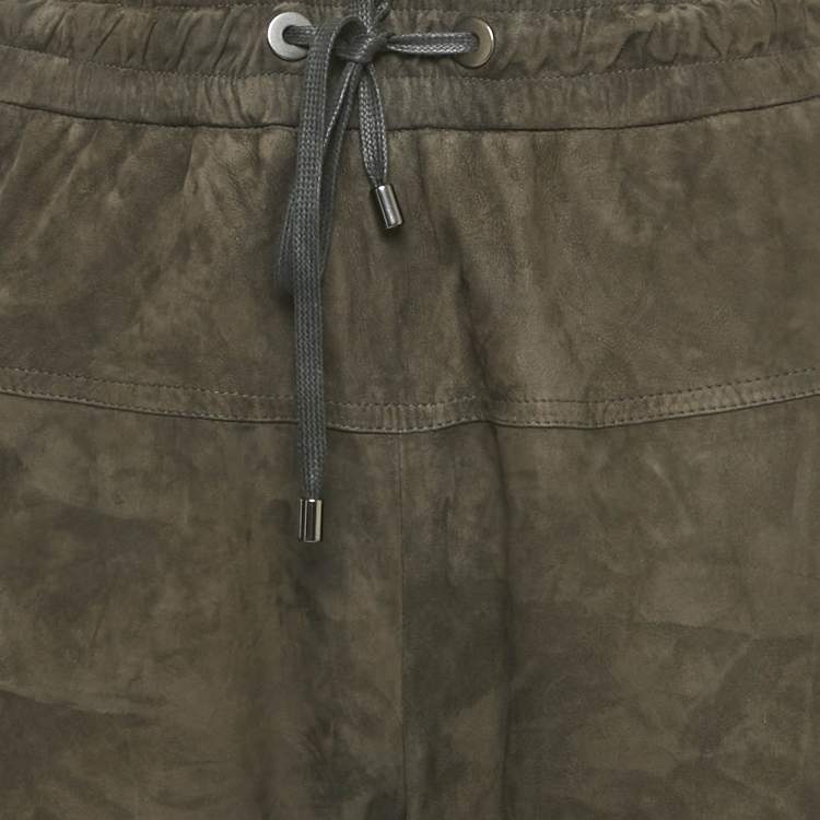 Pre Owned Brunello Cucinelli Olive Green Suede Zipper Detail Trouser M