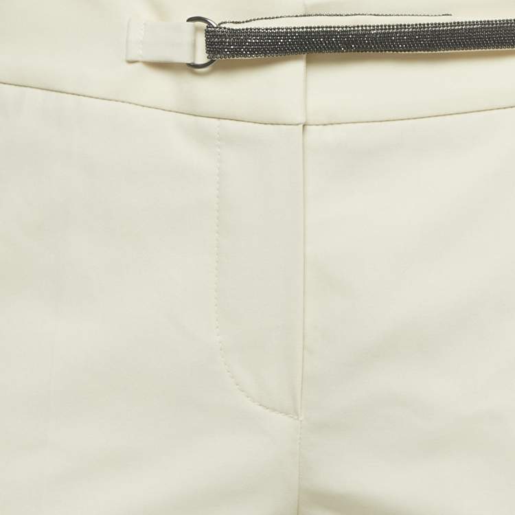Pre Owned Brunello Cucinelli Cream Cotton Monili Belt Detail Trousers M Waist 32"