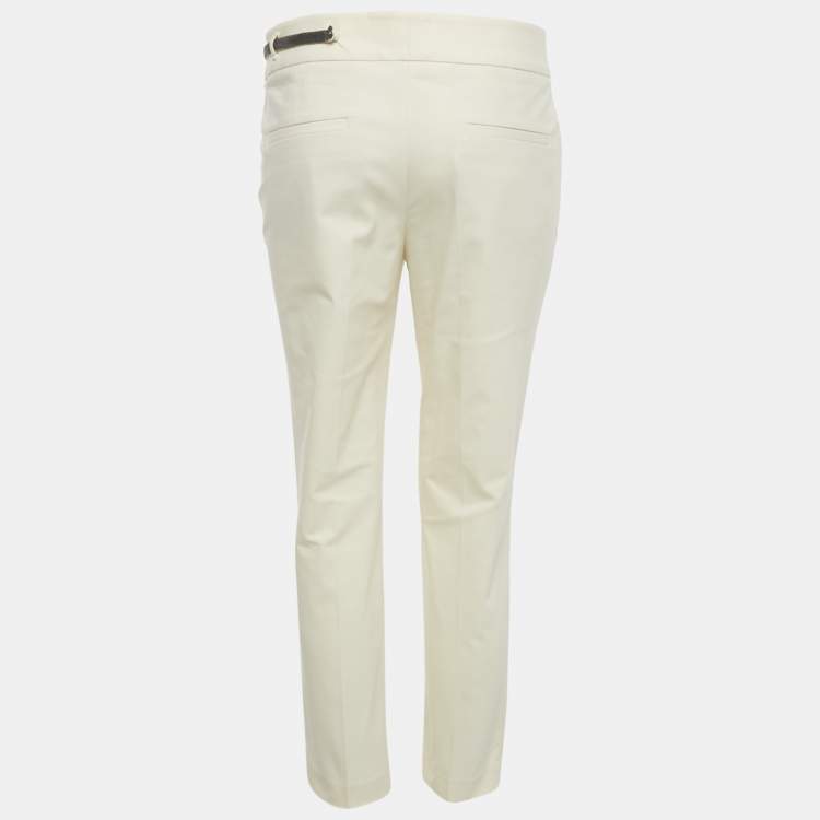 Pre Owned Brunello Cucinelli Cream Cotton Monili Belt Detail Trousers M Waist 32"