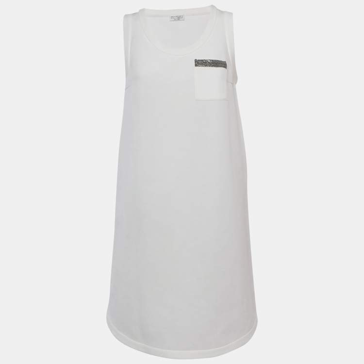 Pre Owned Brunello Cucinelli White Jersey Monili Pocket Detail Sleeveless Mini Dress L
