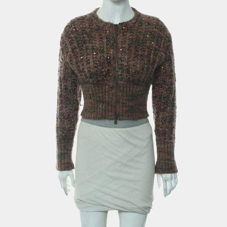 Pre Owned Brunello Cucinelli Cashmere Blend Zip-up Cropped Cardigan with Sequins All-over
