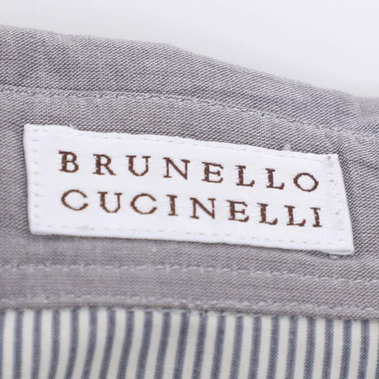 Pre Owned Brunello Cucinelli Grey/Off White Pin Stripe Cotton and Cashmere Long Sleeve Shirt M