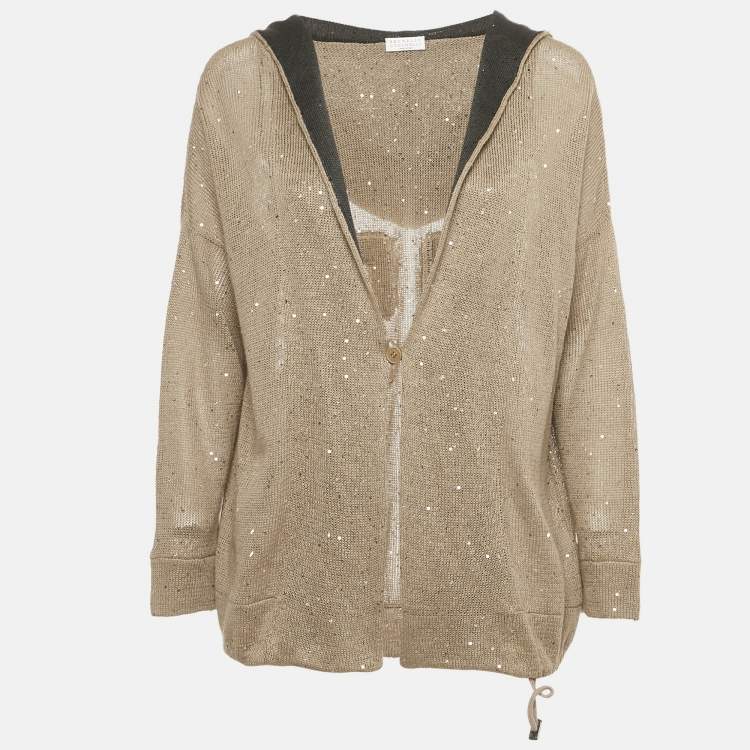 Pre Owned Brunello Cucinelli Tan Sequin Embellished Cotton Knit Hoodie XS