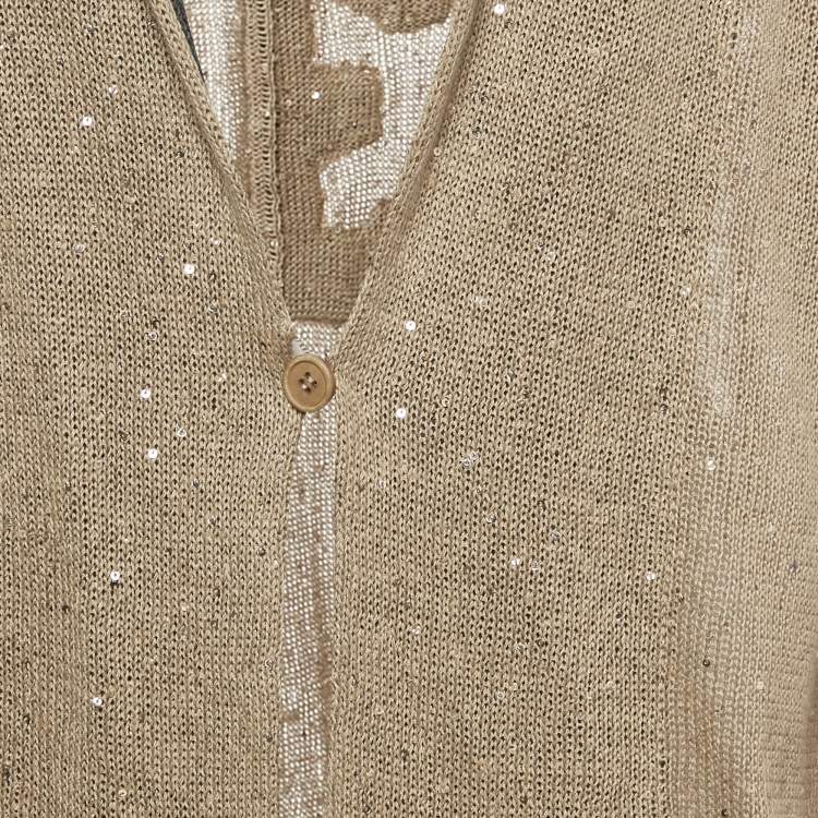Pre Owned Brunello Cucinelli Tan Sequin Embellished Cotton Knit Hoodie XS