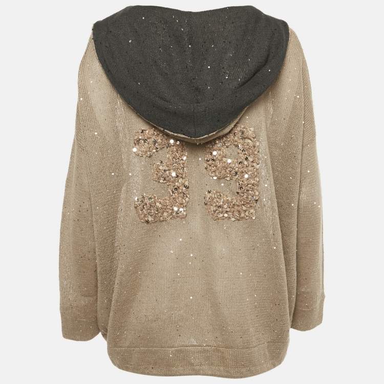 Pre Owned Brunello Cucinelli Tan Sequin Embellished Cotton Knit Hoodie XS