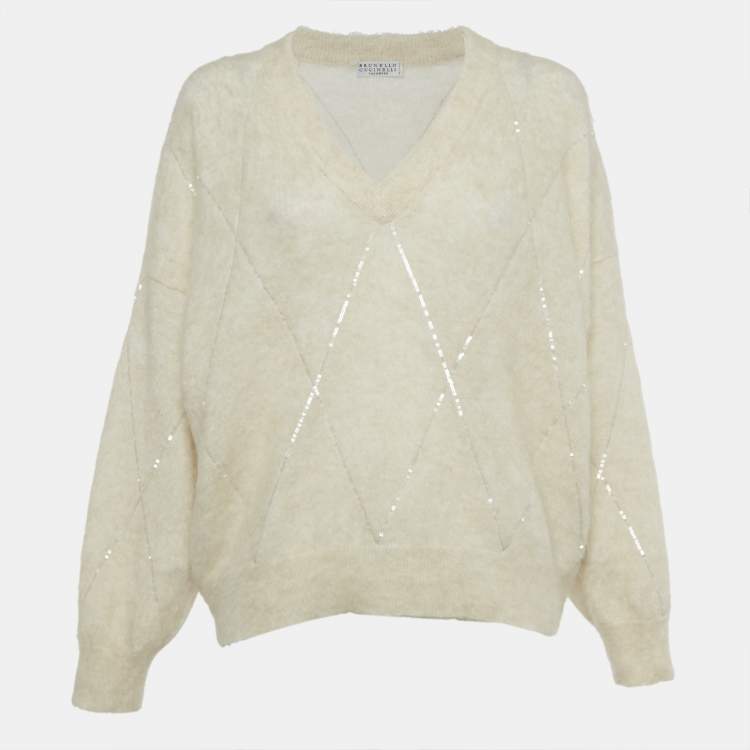 Pre Owned Brunello Cucinelli Cream Sequin Embellished Wool Jumper S
