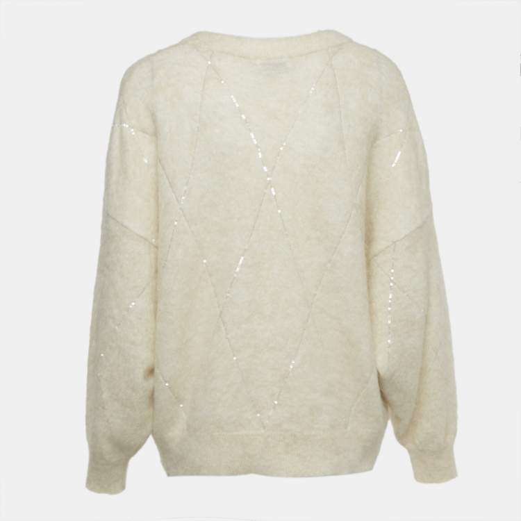 Pre Owned Brunello Cucinelli Cream Sequin Embellished Wool Jumper S