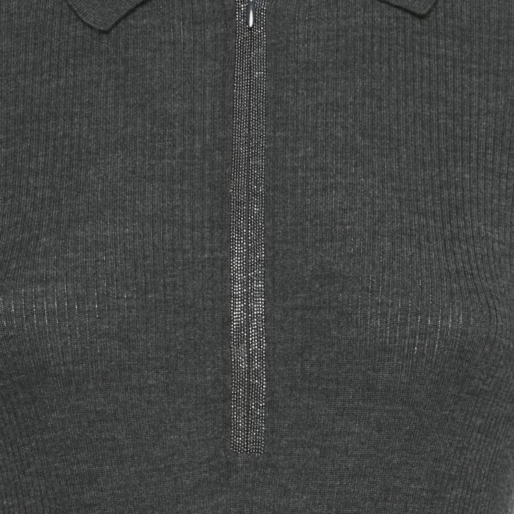 Pre Owned Brunello Cucinelli Dark Grey Wool Embellished Trim Sweater Midi Dress S 
