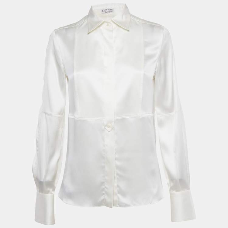 Pre Owned Brunello Cucinelli White Silk Satin Button Front Blouse S
