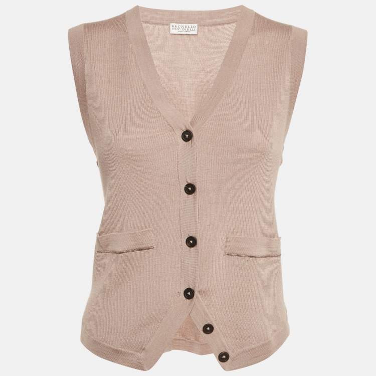 Pre Owned Brunello Cucinelli Beige Rib Knit Sleeveless Monili Bead Detail Cardigan S