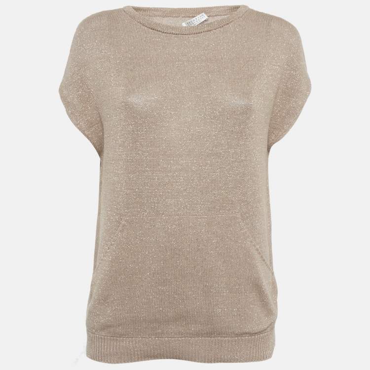 Pre Owned Brunello Cucinelli Beige Lurex Rib Knit Top XS 