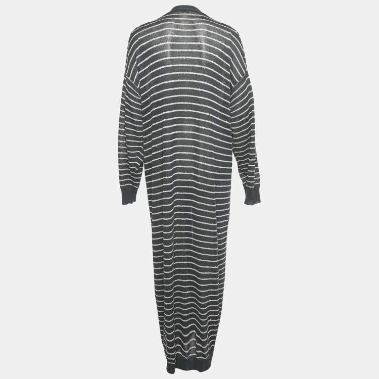 Pre Owned Brunello Cucinelli Grey Striped Cotton Sequin Long Cardigan L