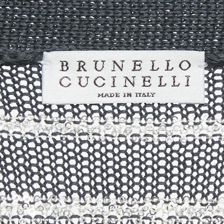 Pre Owned Brunello Cucinelli Grey Striped Cotton Sequin Long Cardigan L