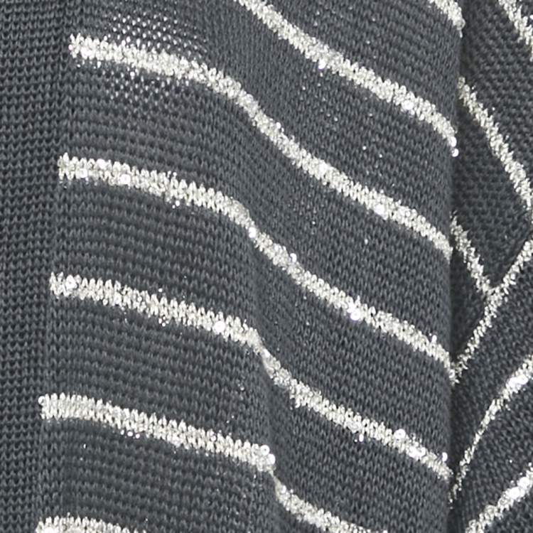 Pre Owned Brunello Cucinelli Grey Striped Cotton Sequin Long Cardigan L