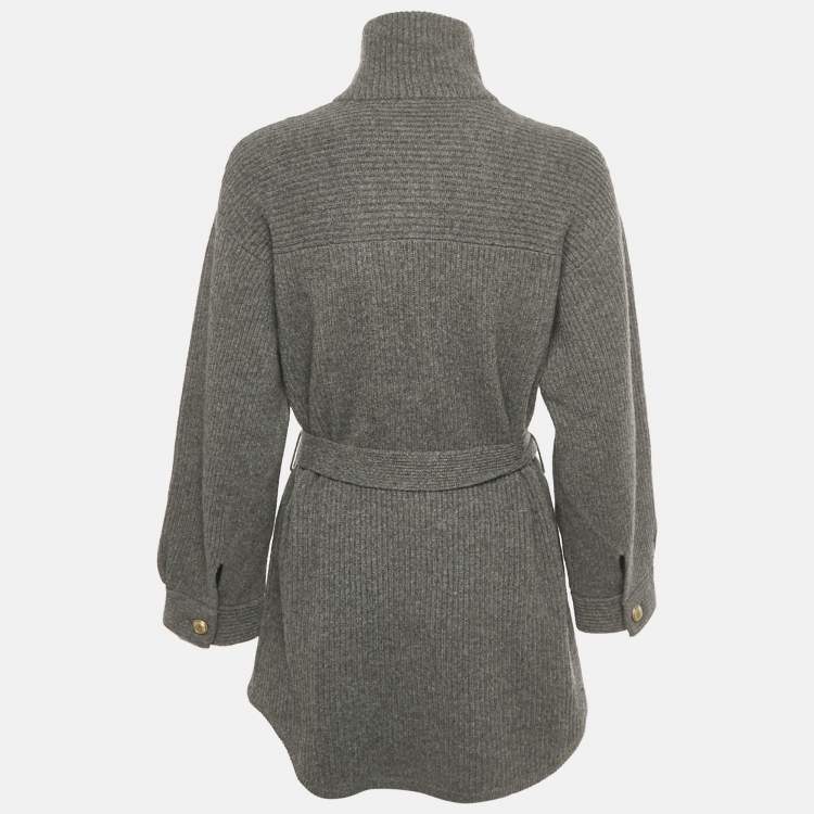 Pre Owned Brunello Cucinelli Grey Rib Knit Belted Jacket S