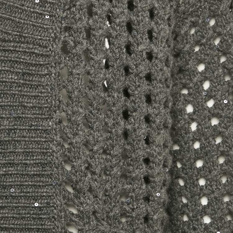 Pre Owned كارديجان طويل قطن مخطط رمادي مزين بترتر برونيلي كوتشينيلي مقاس كبير