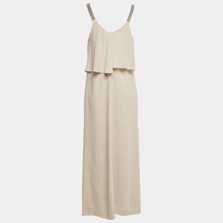 Pre Owned Brunello Cucinelli Beige Embellished Trim Silk Maxi Dress M